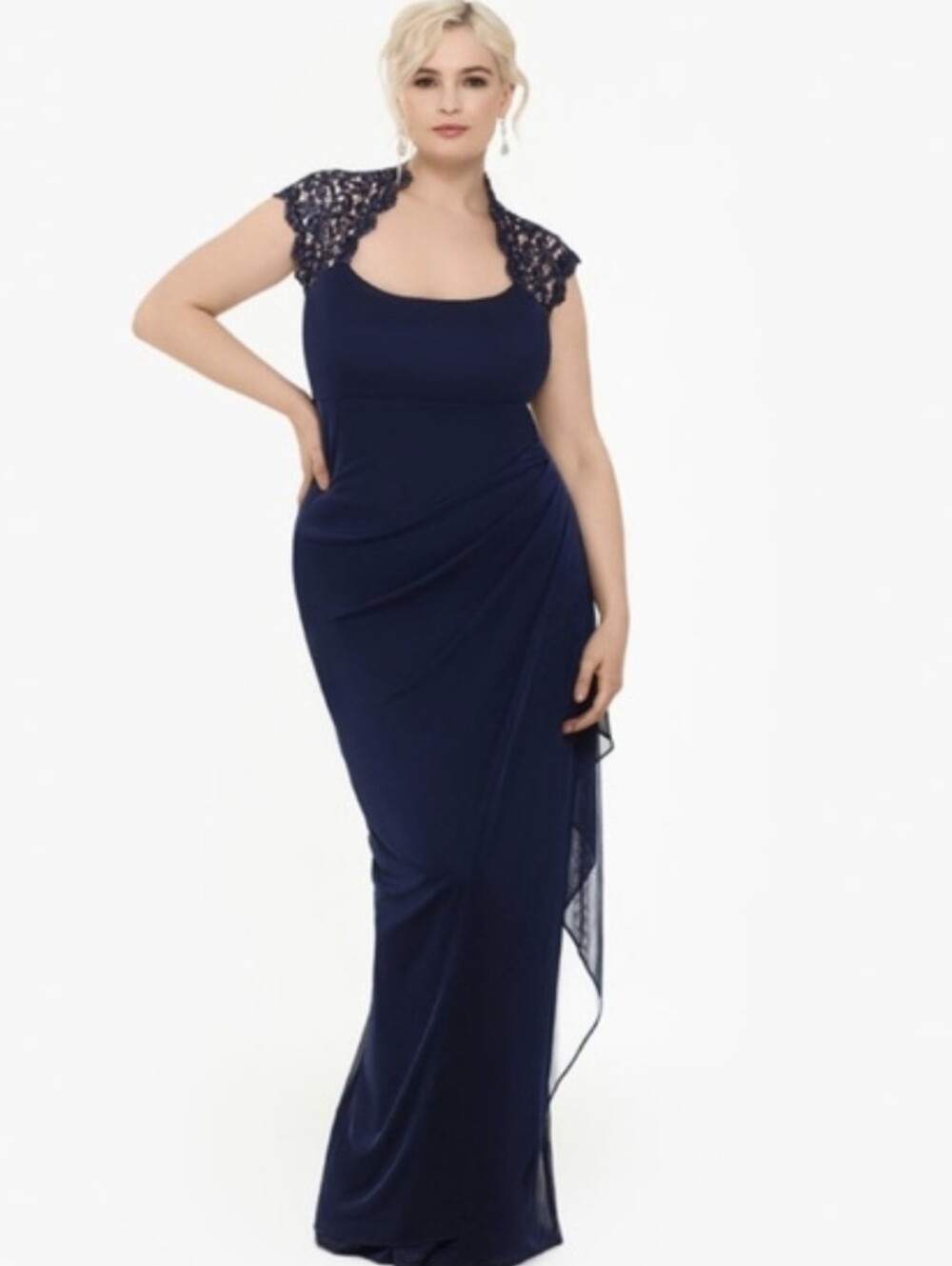 XSCAPE | Navy Blue Ruched Formal Lace Gown Sz 20W